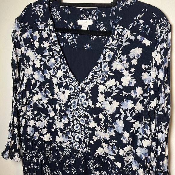 J Jill Floral Midi Dress Blue White Size XL Peasant Cottage Boho Feminine Casual - Picture 7 of 10